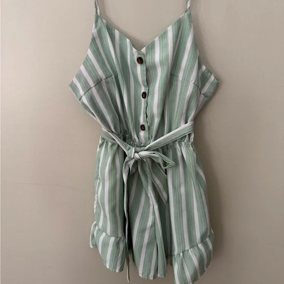 SHEIN Sage Green/White Striped Shorts Romper Button Down Removable Sash Tie - Picture 6 of 7